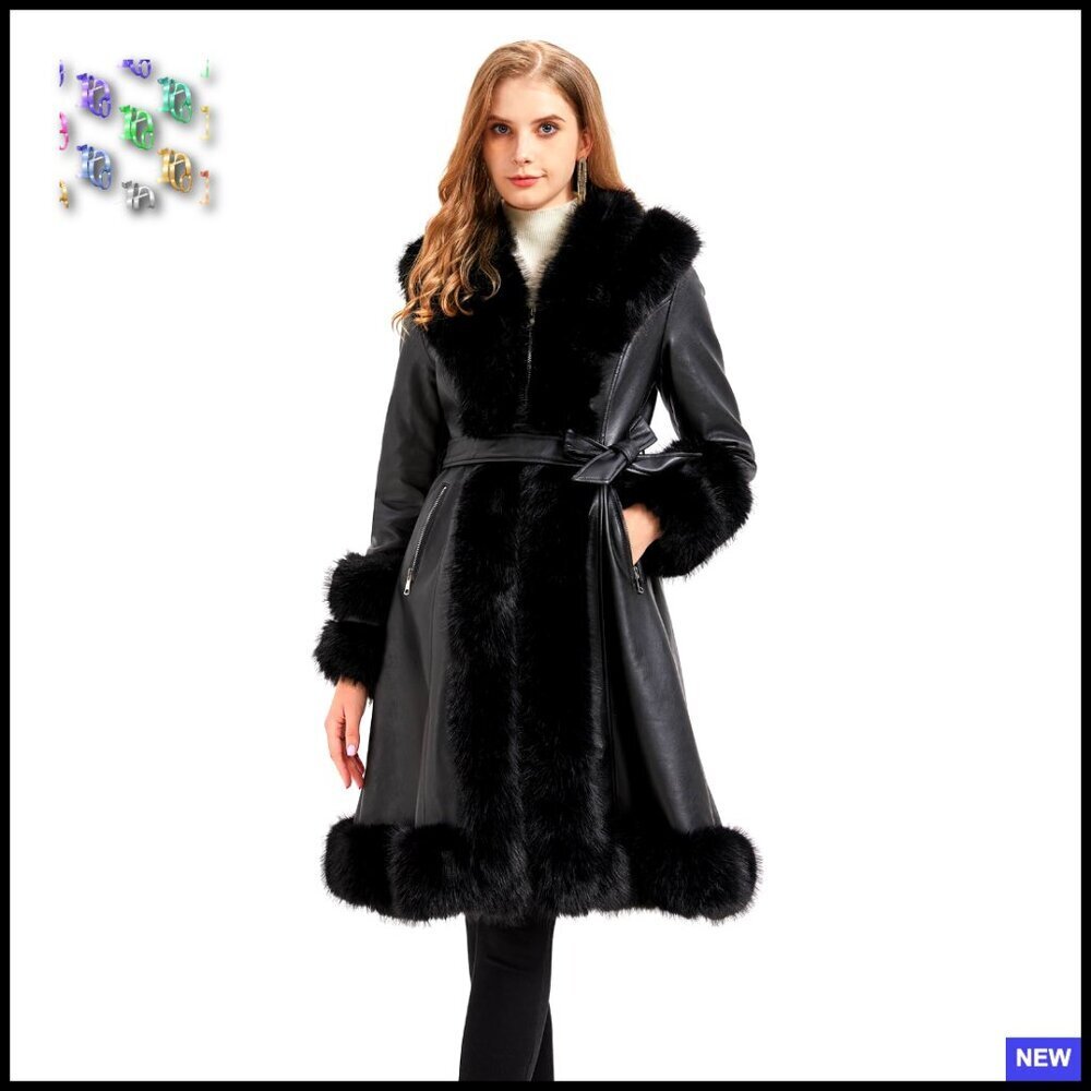 Faux Leather Peplum Parka Coat with Faux Fur Collar Belted Trench Style